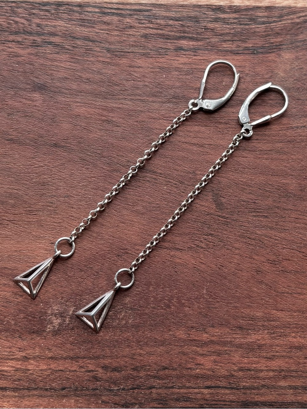 Sterling Silver Long Chain Pyramid Geometric Drop Earrings